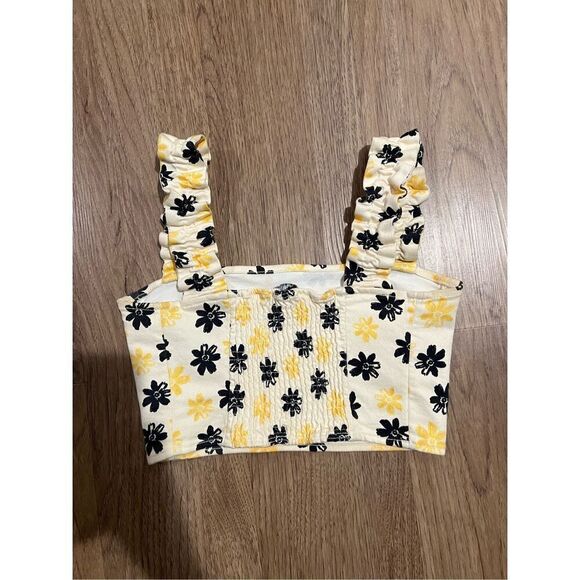 ZARA Floral Denim Crop Top Ruched Back Ruffle wide Straps Bloggers favorite XS - Picture 8 of 8